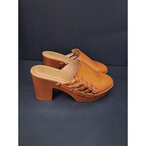 Women's Faux Leather Heeled Platform Clogs Sz 10M Woven Studded Brown